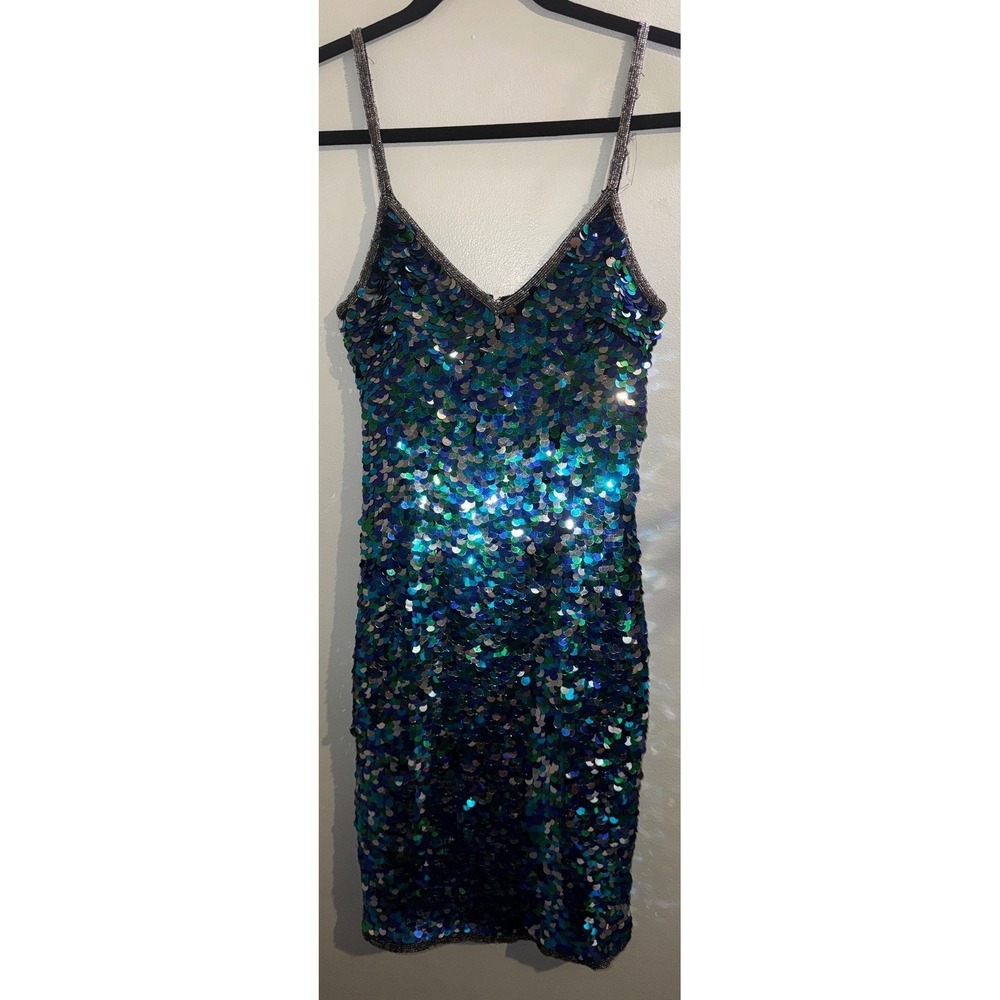 Vtg 90s Silk Sequin Cocktail Dress Blue Green Teal Size 6 XS/S Mermaid Glam
